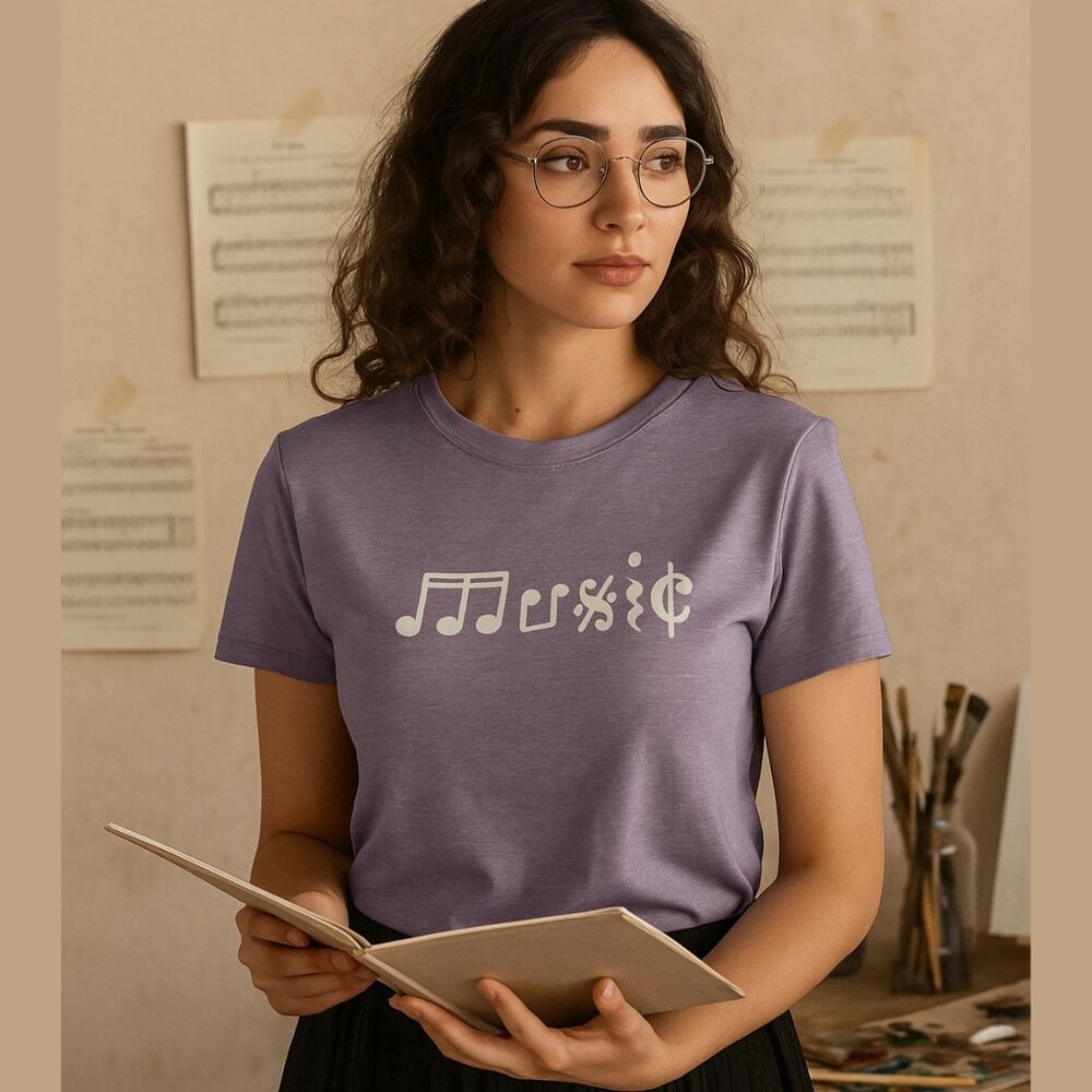 Music Symbols Graphic Tee Size XL Purple Short Sleeve Soft Stretch Top Notes